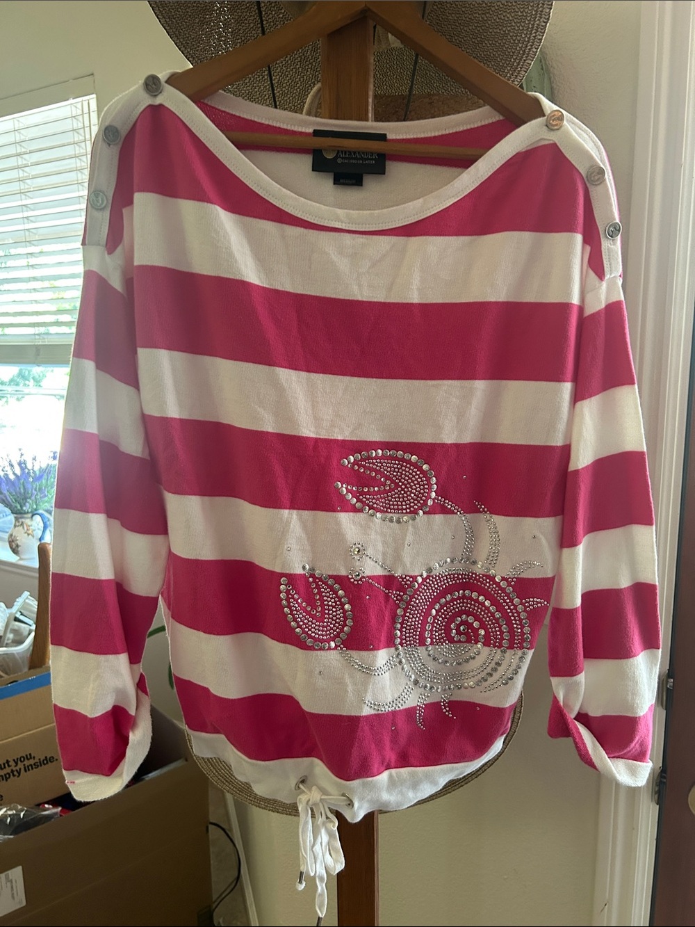 Christine Alexander Pink and White Striped Rhinestone Pullover
